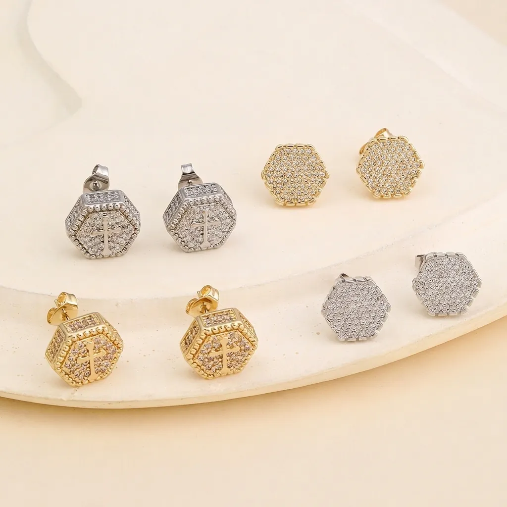Hip Hop Hexagon Cross Rhinestone Stud Earrings For Men Women Copper Electroplated Geometric Gold Silver Trendy Jewelry