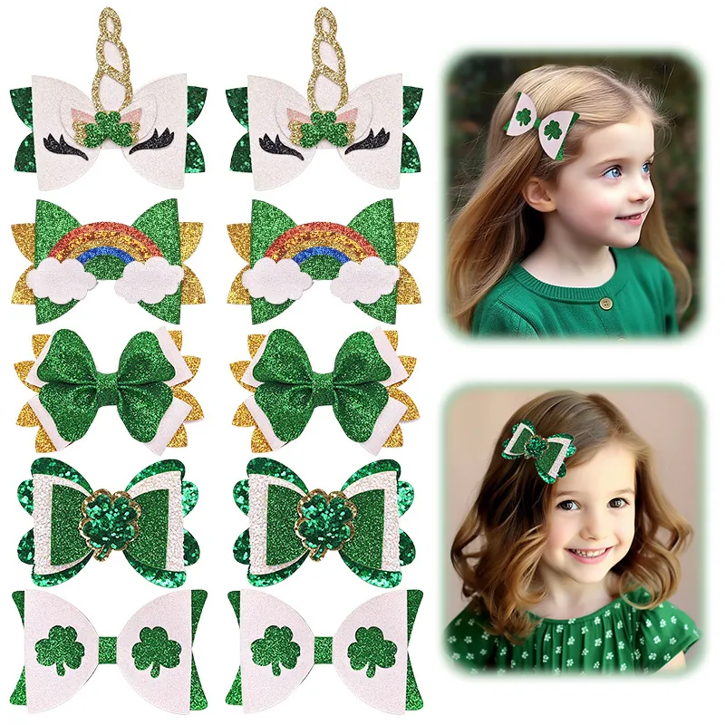 St Patricks Day Hair Clips For Girls Green Shamrock Unicorn Rainbow Glitter Bow Hair Accessories Kids Festive Hairpins
