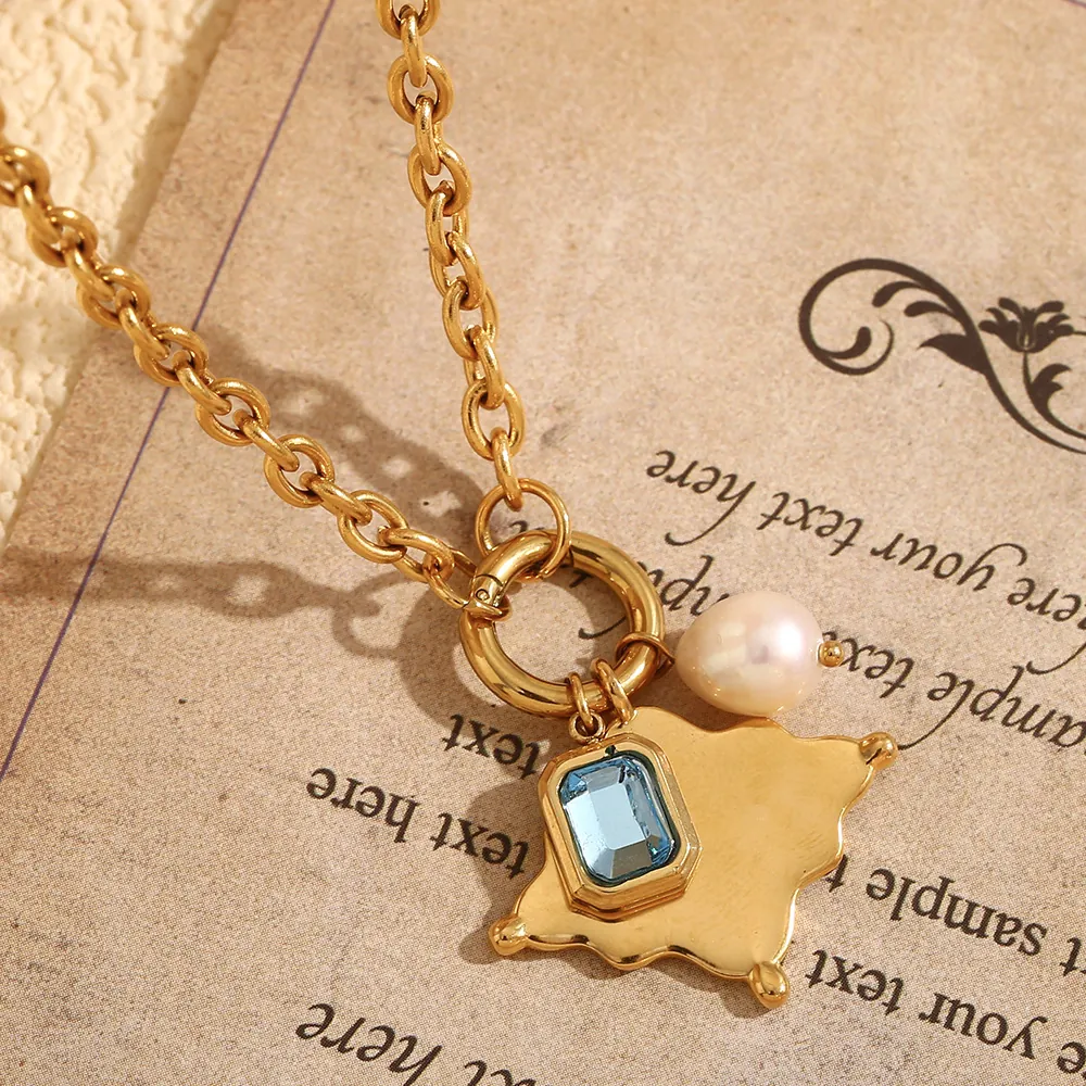 Pendant Necklace Stainless Steel 18K Gold Plated Blue Gemstone Artificial Pearl Irregular Star O Chain Fashion Women Jewelry