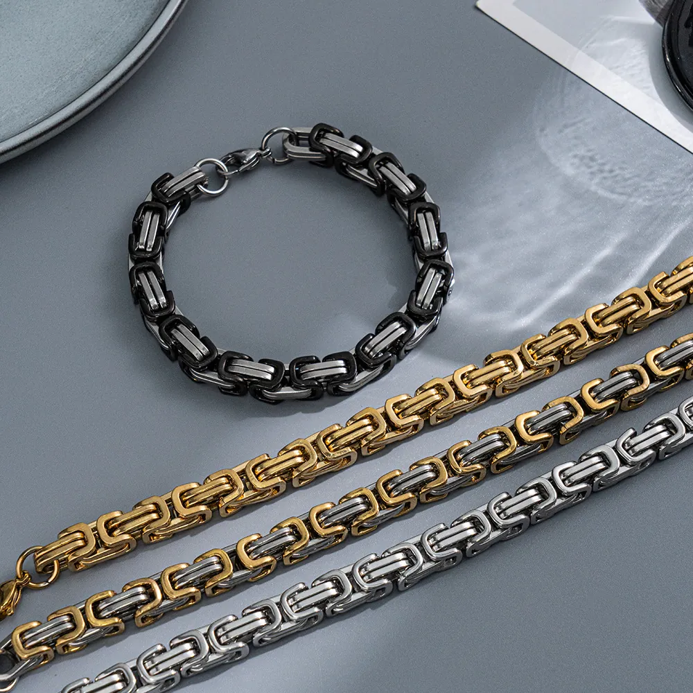 Mens Byzantine Chain Bracelet Stainless Steel 18K Gold Plated Punk Square Box Link Hip Hop Jewelry For Him