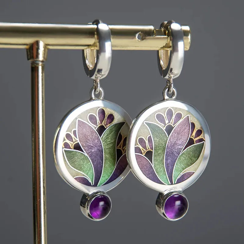 Vintage Enamel Flower Dangle Earrings With Purple Gemstone Silver Tone Geometric Artistic Ethnic Jewelry For Women
