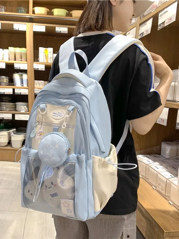 Kawaii Nylon School Backpack Large Capacity Multi Pocket Ita Bag For Girls Waterproof Student Daypack With Coin Purse