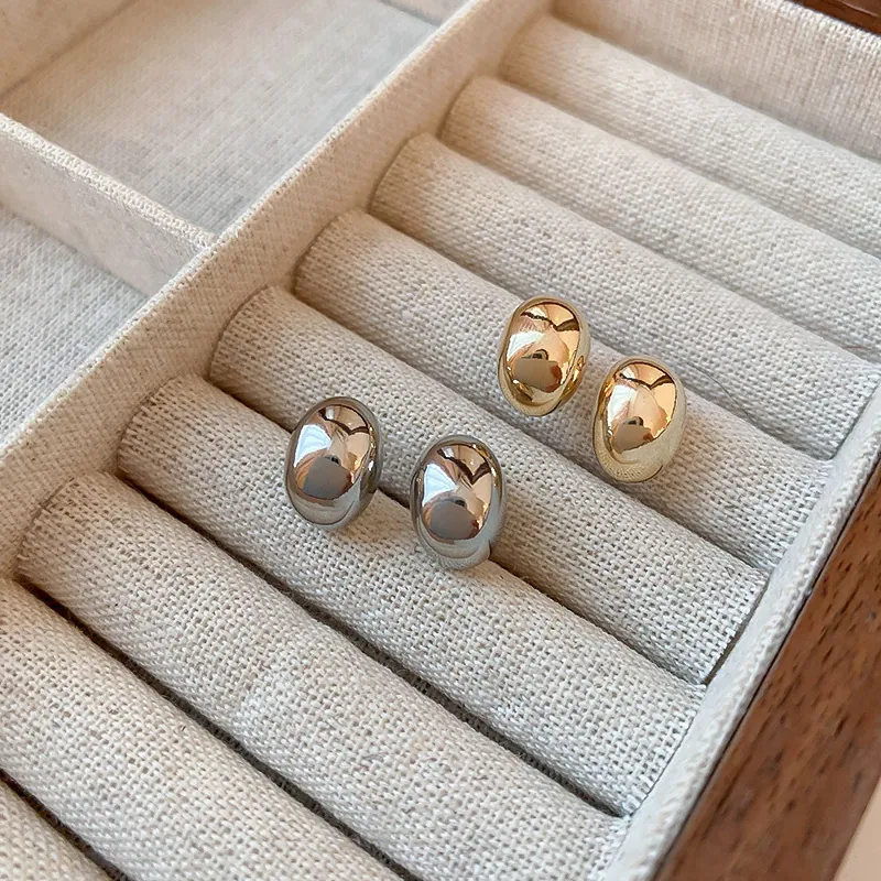Minimalist Metal Bean Stud Earrings Smooth Oval Pebble Jewelry For Women Chic Elegant High Polished Ins Style