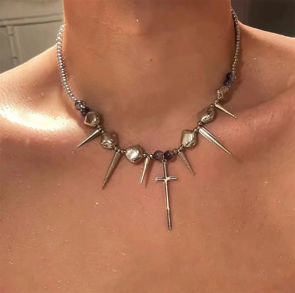 Collana Con Pendente Croce E Punte Punk Gothic Catena Di Clavicola In Perline Di Acciaio Al Titanio Gioielli Hip Hop
