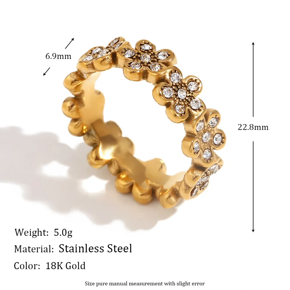 Bague Marguerite Acier Inoxydable Plaqué Or 18K Strass Micro Pavé Floral Rétro Élégant Bijoux Pour Femmes Tendance