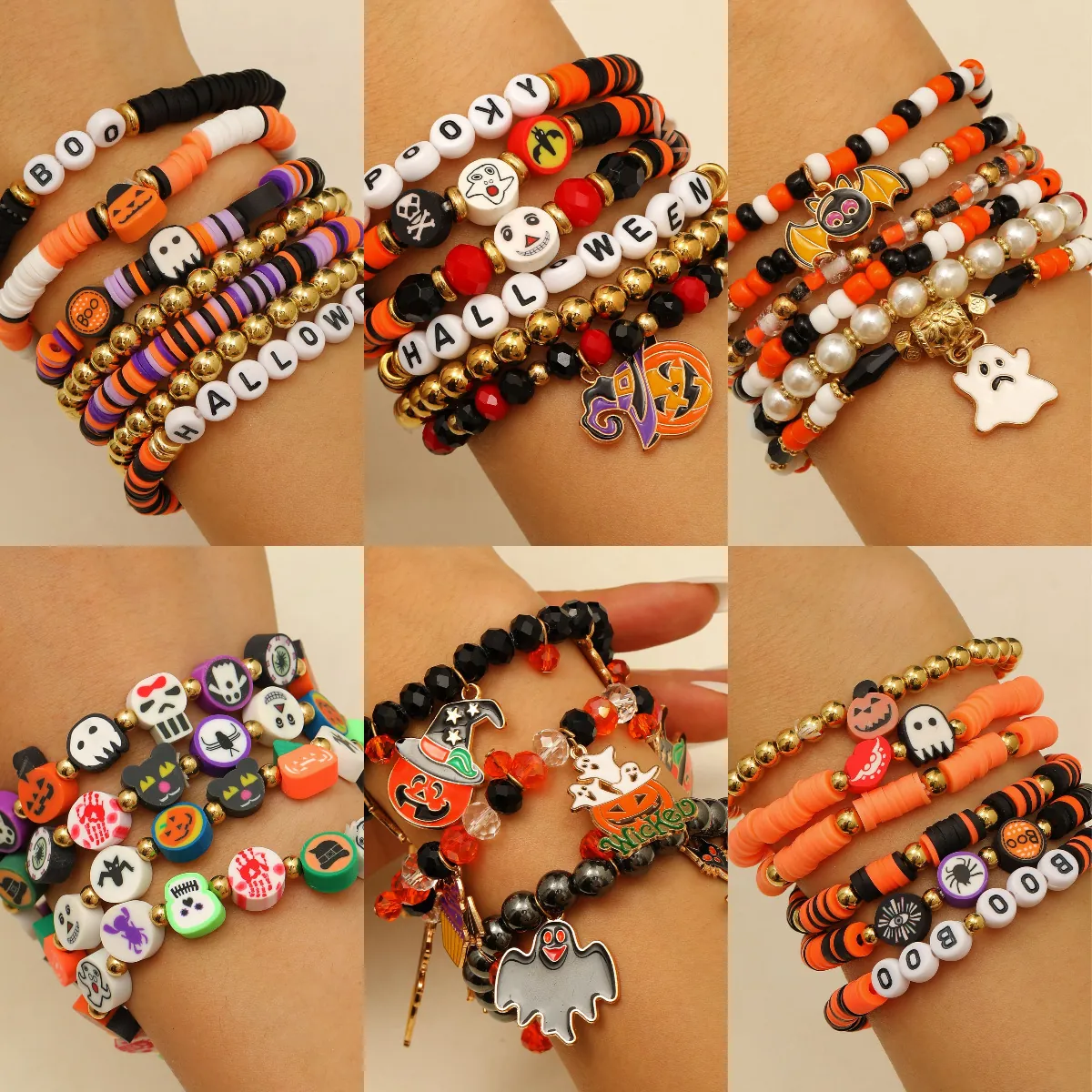Pulsera Apilable de Halloween Aleación Arcilla Polimérica Cuentas Heishi Calabaza Fantasma Murciélago Joyería de Mujer