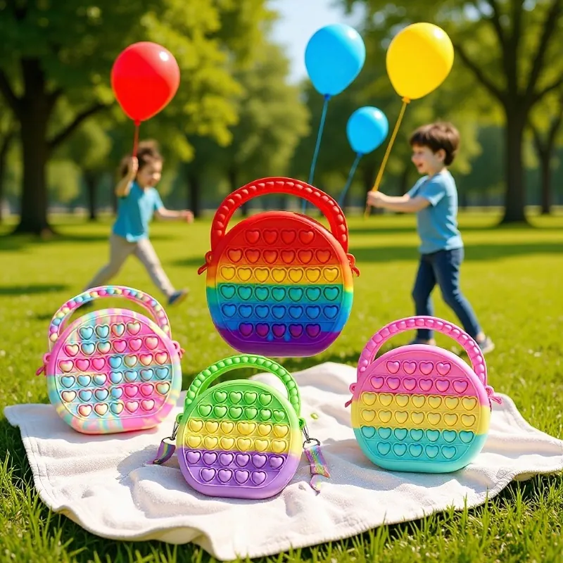 Rainbow Heart Pop It Sensory Toy Crossbody Bag Silicone Stress Relief Handbag For Kids Girls