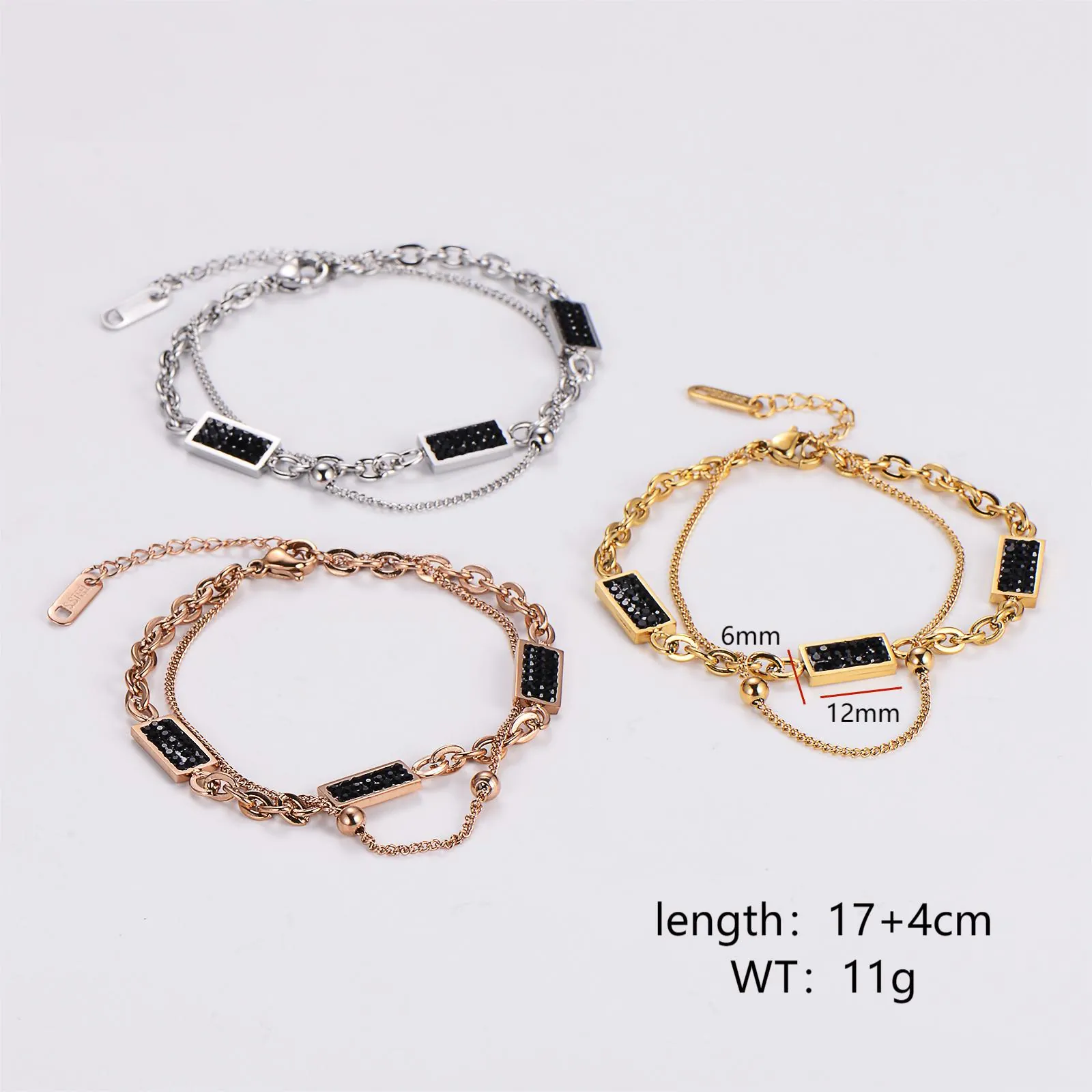 Double Layer Chain Bracelet 316L Stainless Steel With Rectangular Black Rhinestone Pendant Hip Hop Style For Women