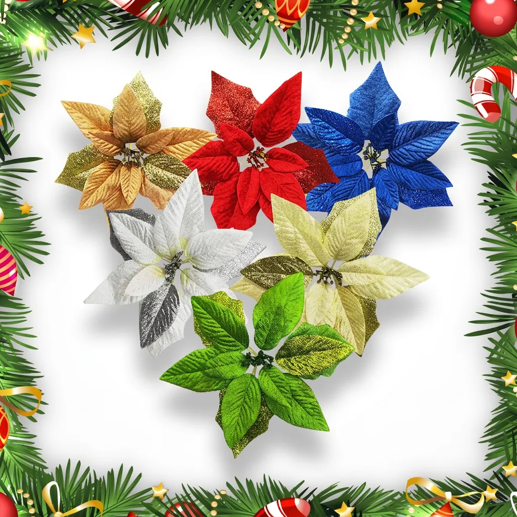 Fleurs De Noël Artificielles Poinsettia Paillettes Tissu Ornements Pour Sapin De Noël Décoration De Fête