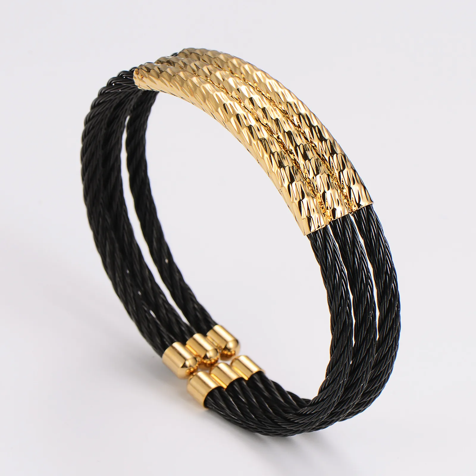 Minimalist Stainless Steel Cable Wire Cuff Bangle Triple Layer Textured Electroplated Jewelry For Men