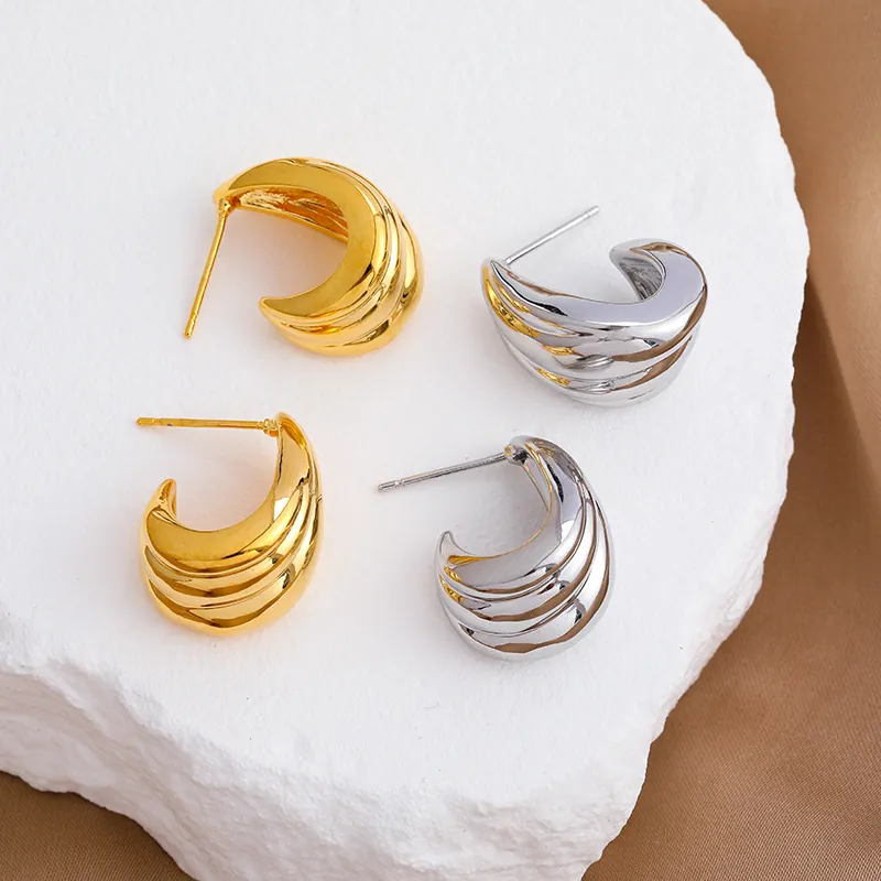 C-Shaped Wavy Texture Stud Earrings Copper Body With 925 Sterling Silver Earring Post Floral Inspired Jewelry For Women