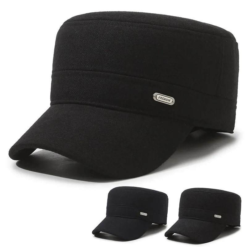 Men Cadet Hat Woolen Blend Winter Warm Ear Flaps Adjustable Flat Top Retro Style Outdoor Cold Weather Protection