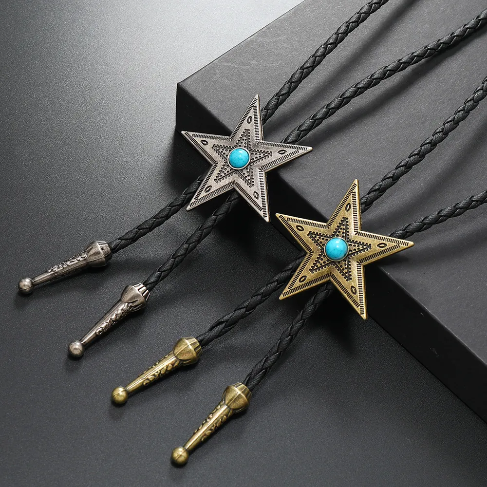 Vintage Western Cowboy Star Bolo Tie PU Leather Necktie Turquoise Alloy Pendant Men Women Retro Punk Accessories