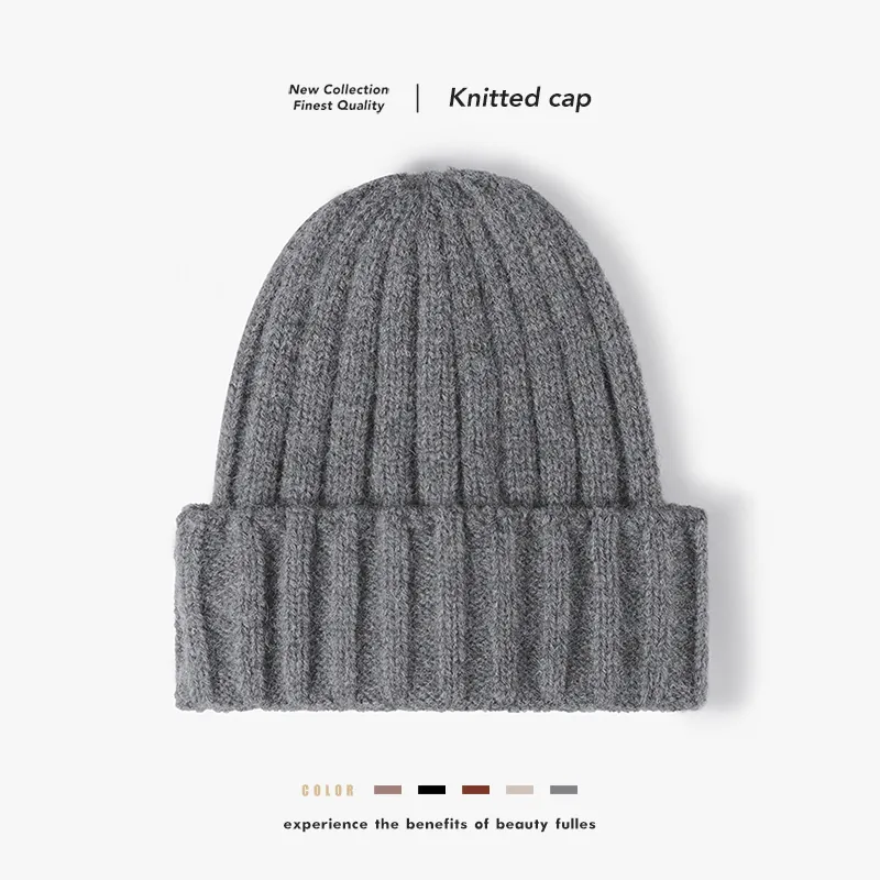 Women Ribbed Knitted Beanie Hat Warm Thick Cashmere Like Winter Outdoor Cuffed Soft Solid Color Cold Cap