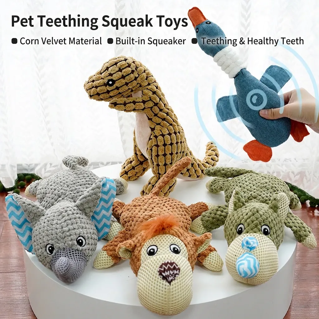 Pet Plush Squeaky Toy Interactive Dog Chew Molar Teeth Cleaning Corn Velvet Durable Dinosaur Goose Shaped Animals