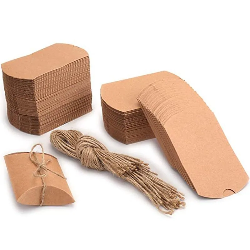 Pillow Gift Boxes Kraft Cardboard Packaging With Hemp Rope DIY Wedding Party Candy Jewelry Favors Minimalist