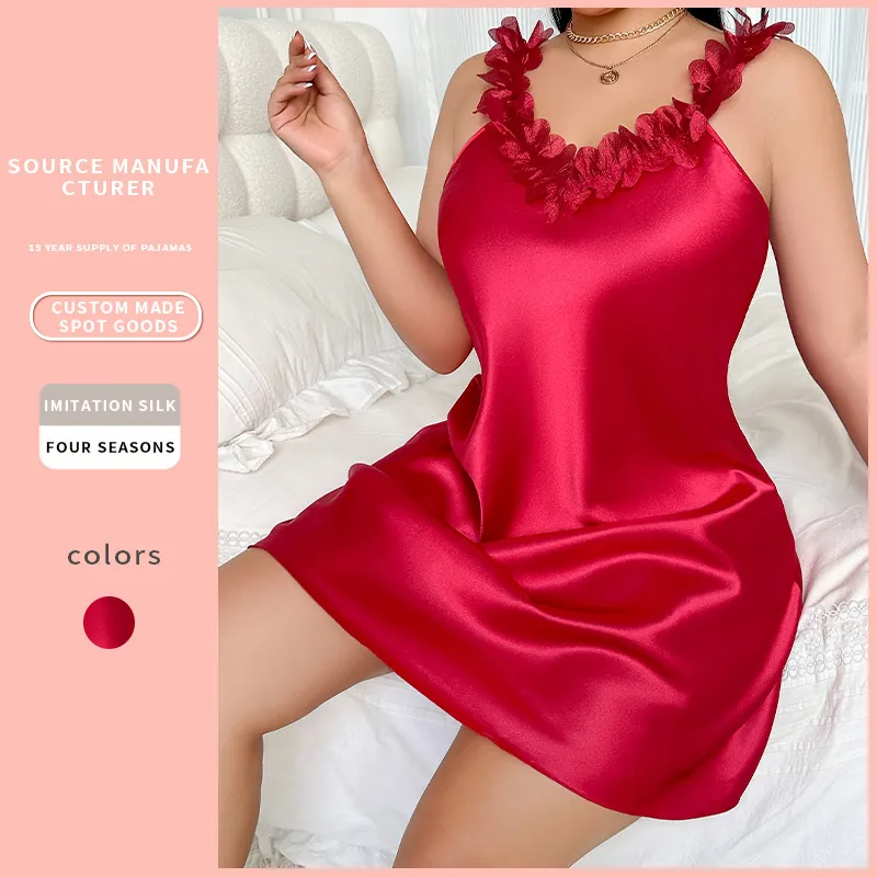 Nuisette Femme Imitation Satin Satin Bretelles Spaghetti Chemise De Nuit Volants Floraux Col En V Vêtements De Nuit