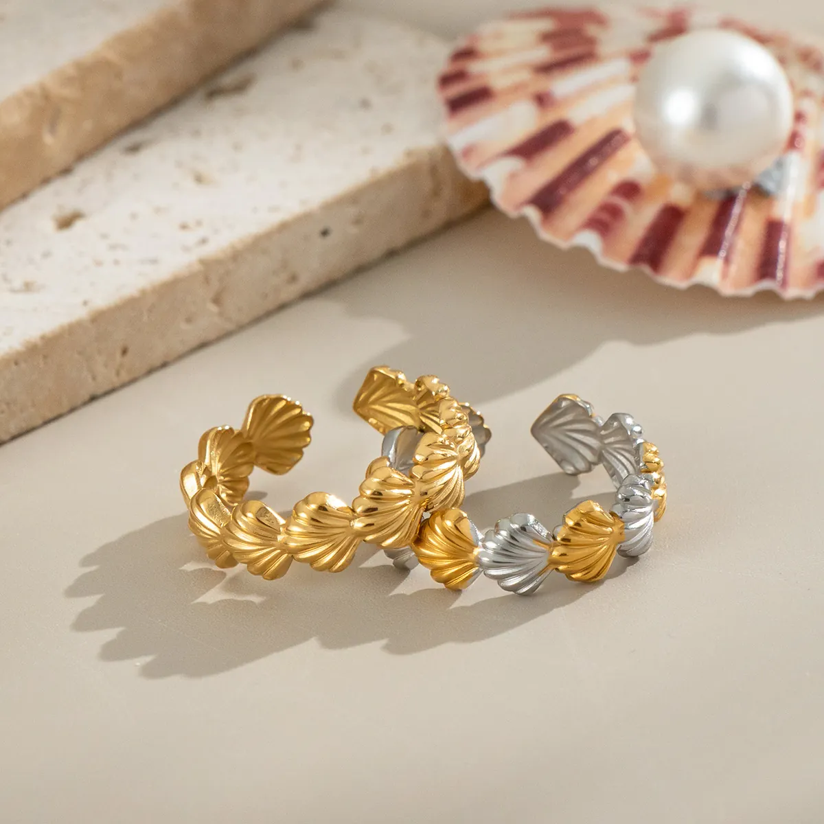 Muschel Textur Ring Edelstahl Wasserdicht Hypoallergen Verstellbar Offen Geometrischer Schmuck Für Frauen