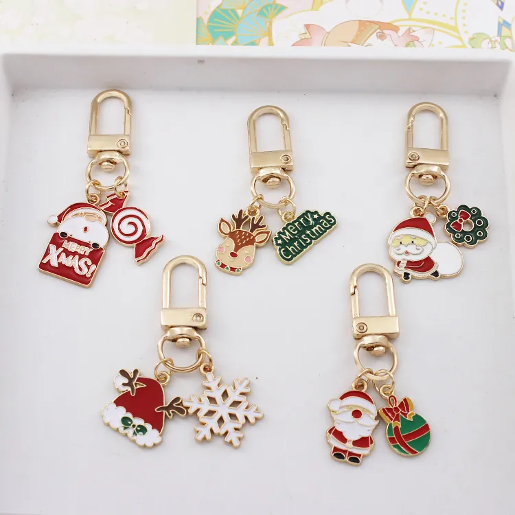 Mignon Porte-clés de Noël en Métal Émaillé Père Noël Renne Pendentif de Sac Festif Cadeau de Vacances pour Femmes Enfants