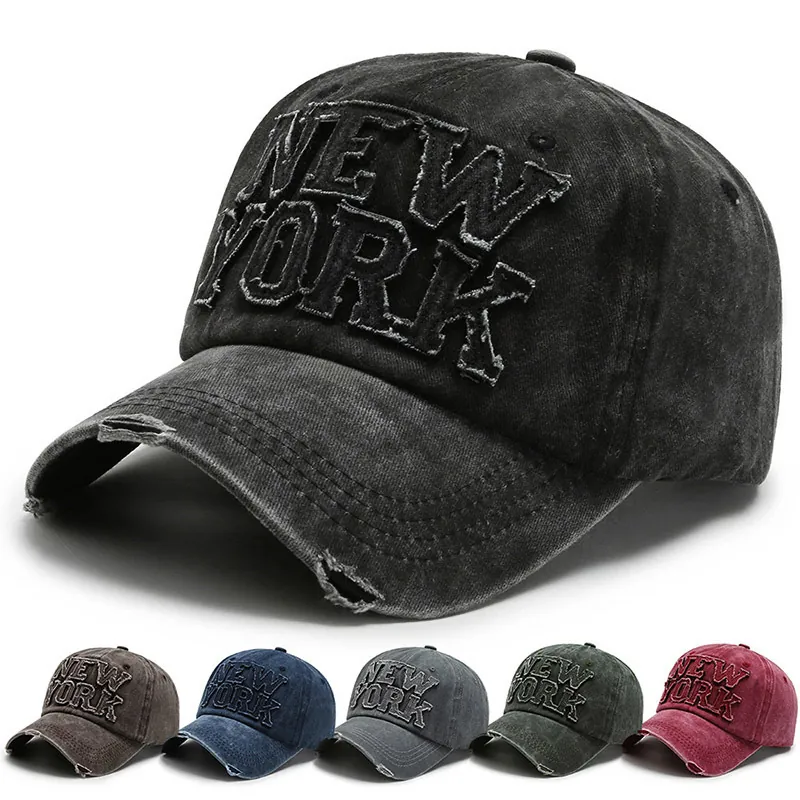 Retro Washed Cotton Denim Baseball Cap Distressed Ripped Design New York Patch Embroidery Adjustable Vintage Hat