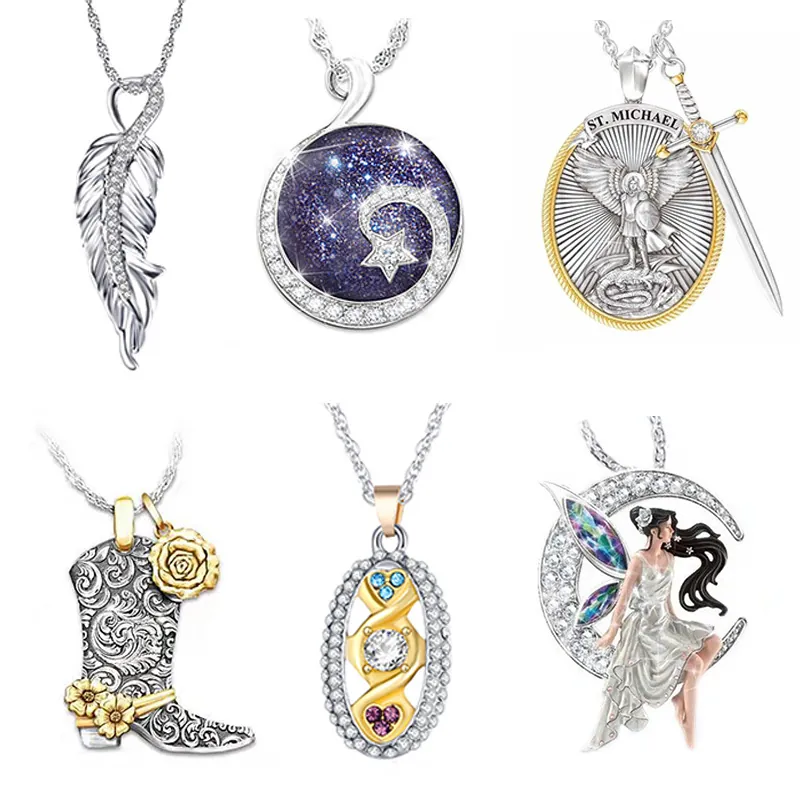 Vintage Alloy Pendant Necklace Rhinestone Fairy Moon Starry Sky Saint Michael Rose Boot Romantic Jewelry For Women Men