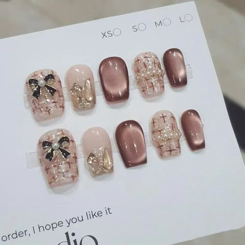 Handmade ABS Press On Nails Brown Cat Eye Champagne Diamond Bow Artificial Pearl French Style Elegant Fake Nails For Women