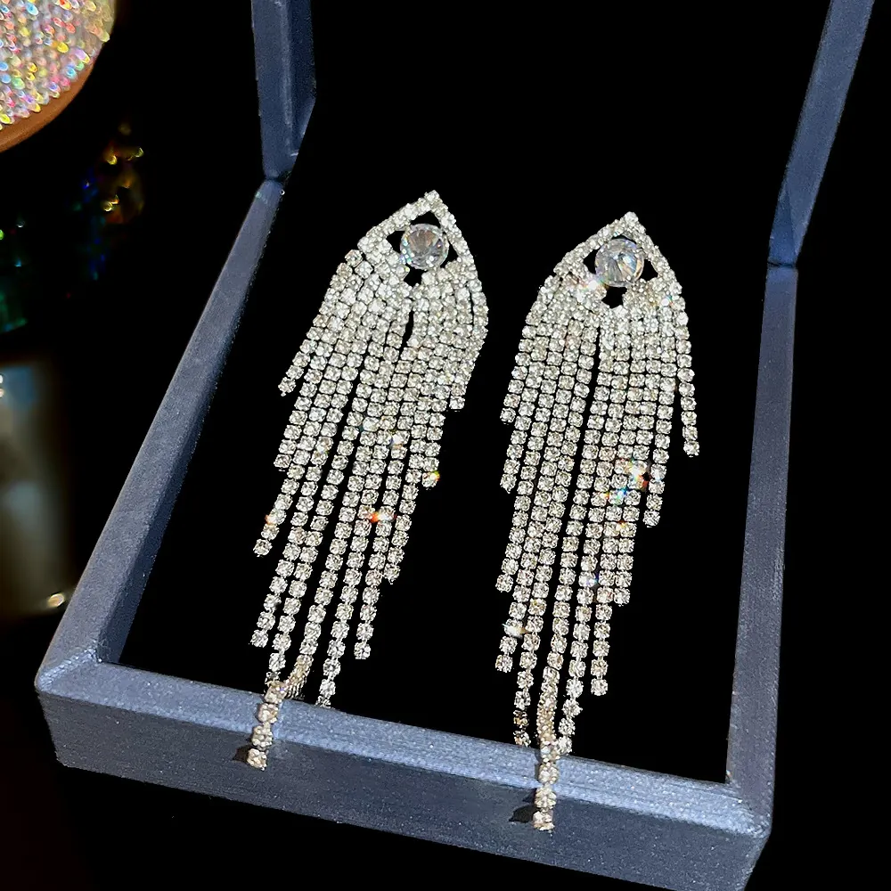 Sparkling Geometric Long Tassel Dangle Earrings Silver Rhinestone Drop Earrings For Women Elegant Copper Party Fashion Jewelry
