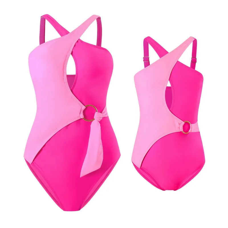 Women Girls One-Piece Swimsuit Asymmetric Color Block Cutout Gold Ring Buckle Nylon Swimwear Beachwear