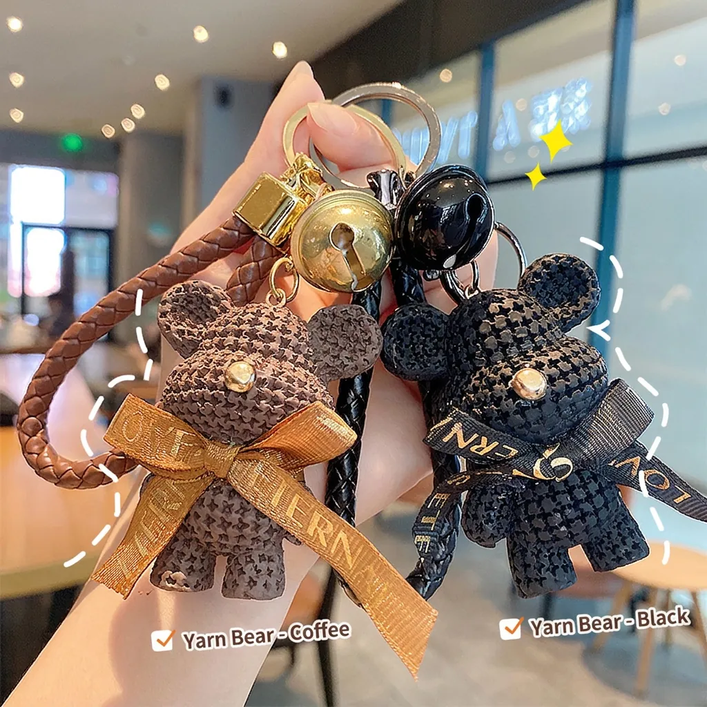 Cute Resin Knitted Texture Bear Keychain With Braided Leather Wrist Strap Bell Ribbon Bow Bag Pendant Charm For Girls