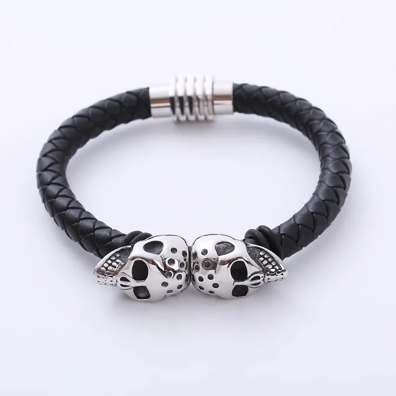 Herren Geflochtenes Lederarmband Mit 316L Edelstahl Totenkopf Charms Punk Magnetverschluss Armreif Schmuck Gothic