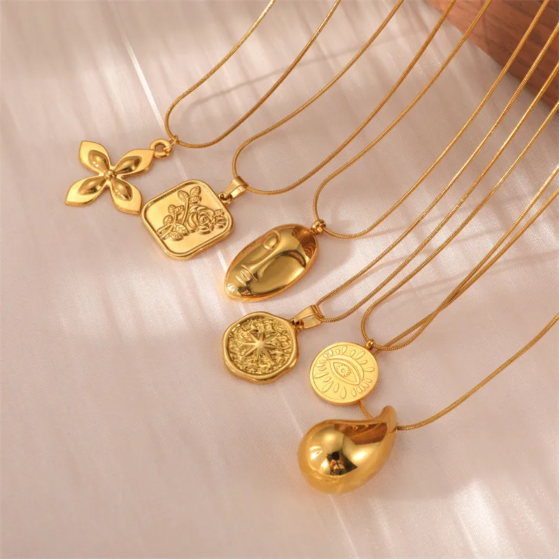 Collana con Pendente in Acciaio Inossidabile di Moda Placcata Oro Goccia d'Acqua Rosa Viso Umano Catena a Serpente Per Donna Gioielli Regalo