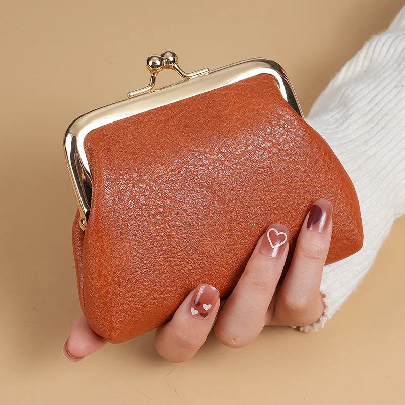 Retro Coin Purse Women PU Leather Kiss-Lock Mini Wallet Lychee Texture Clasp Card Holder Vintage Style Portable