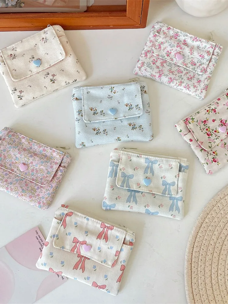 Porte-monnaie En Toile À Fleurs Avec Bouton Coeur Noeud Fermeture Éclair Double Couche Pour Femmes Filles Style Ins Coréen