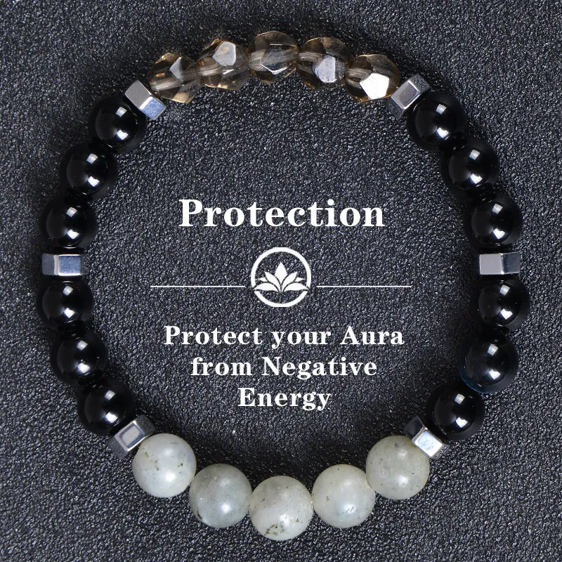 Natural Stone Beaded Bracelet Obsidian Moonstone Hematite Protection Aura Negative Energy Healing Jewelry Unisex Handmade