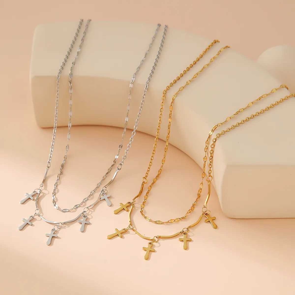 Double Layer Necklace Stainless Steel Alloy Cross Star Leaf Pendant Simple Fashion Jewelry For Women