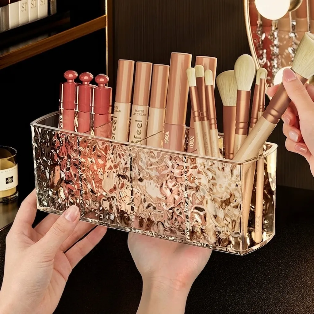 Makeup Brush Holder Organizer Transparent PET Water Ripple Divided Cosmetic Storage Case For Dressing Table Desktop