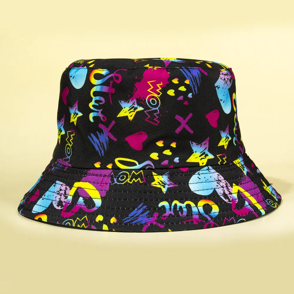 Reversible Cotton Bucket Hat Colorful Graffiti Heart Star Letter Print Sun Protection Streetwear For Women