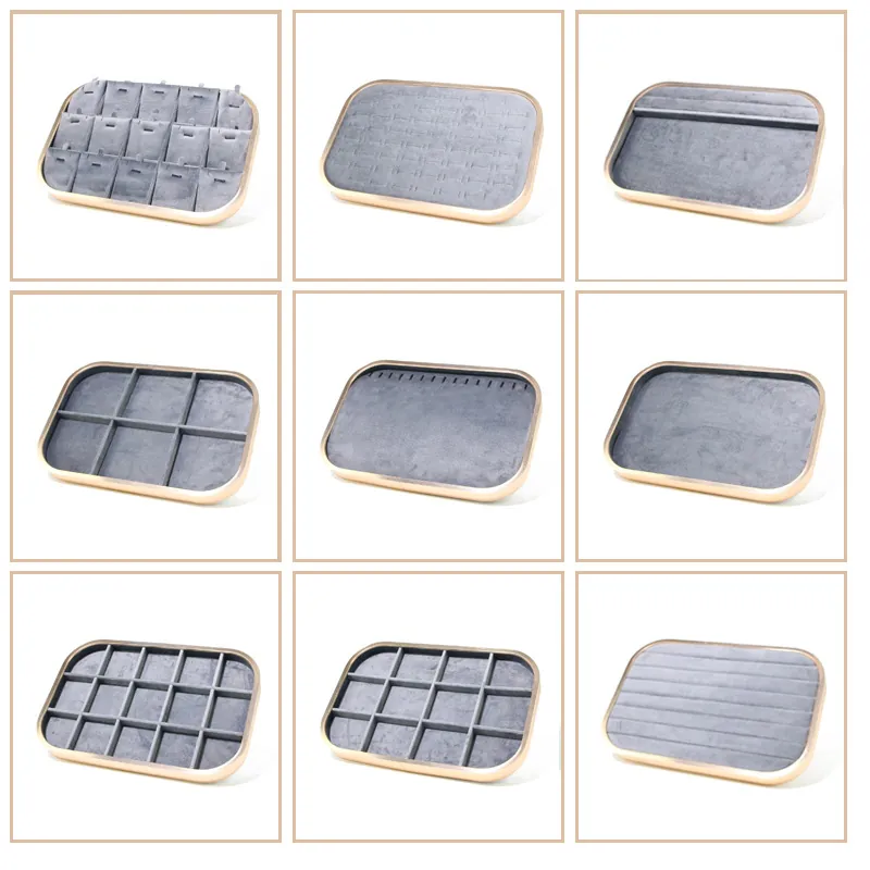 Jewelry Display Tray Metal Frame Velvet Lining Organizer For Rings Necklaces Pendants Earrings Professional Showcase