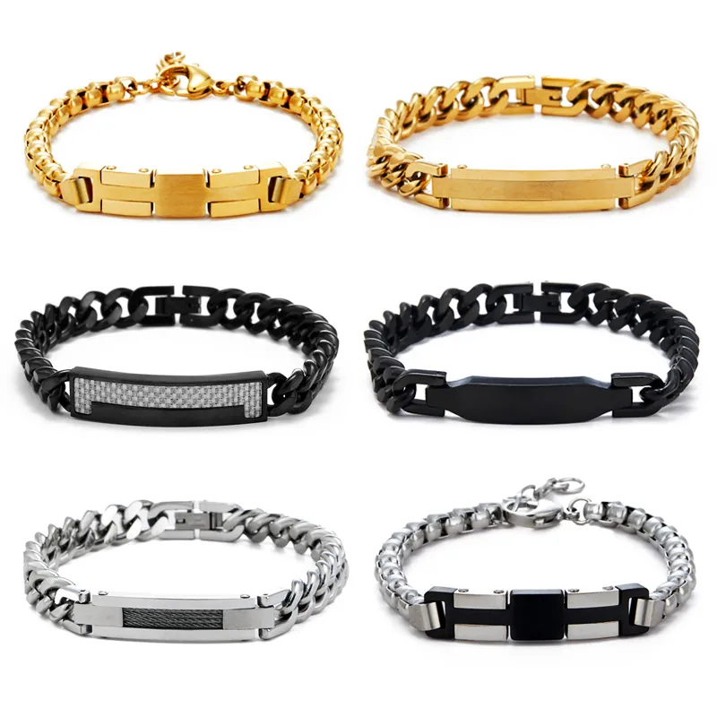 Stainless Steel Cuban Link ID Bracelet For Men Hip Hop Geometric Curved Plate Chain Wristband Fashion Streetwear Jewelry