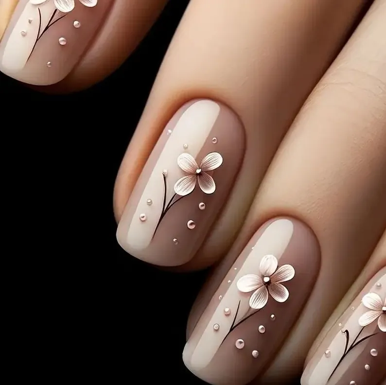 Kurze Quadratische Künstliche Nägel Nude Pink Weißes Blumenmuster Elegante Künstliche Fingernägel DIY Maniküre Für Frauen
