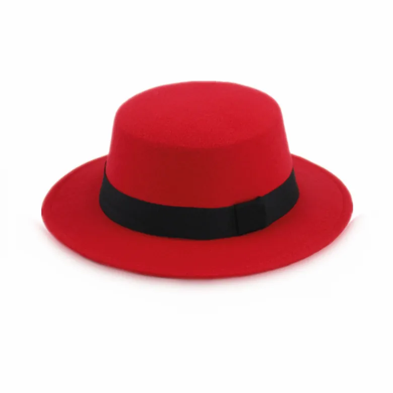 Vintage British Woolen Flat Top Fedora Hat Unisex Wide Brim Winter Warm Boater Hat With Ribbon For Banquet Performance