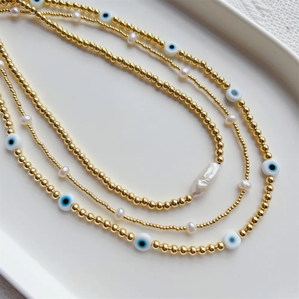 Gold Beaded Necklace With Irregular Artificial Pearls And Evil Eye Charms Handmade Boho Adjustable Jewelry For Women