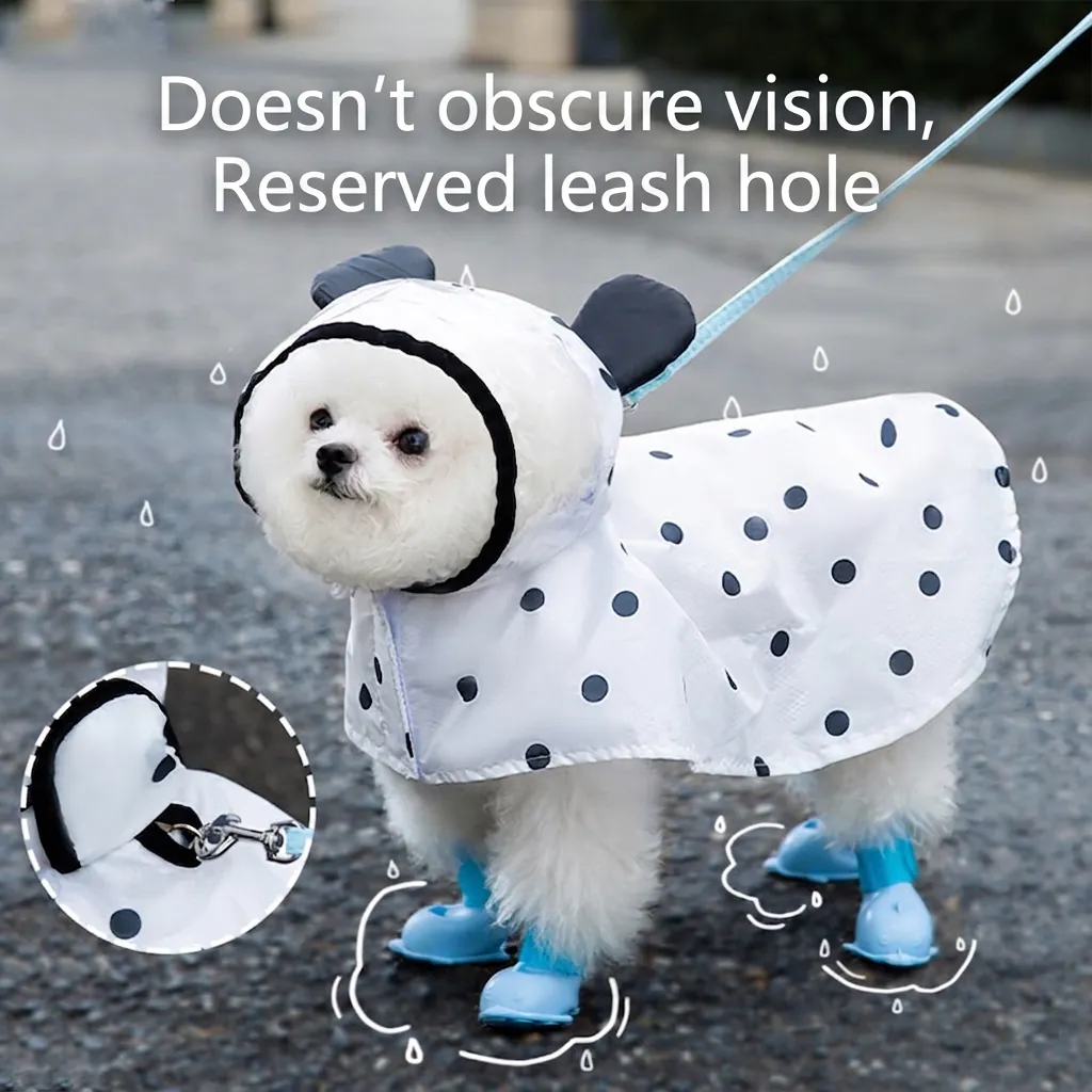 Polka Dot Dog Raincoat Poncho Waterproof Polyester Taffeta With Bear Ears Transparent Brim Harness Hole For Small Dogs
