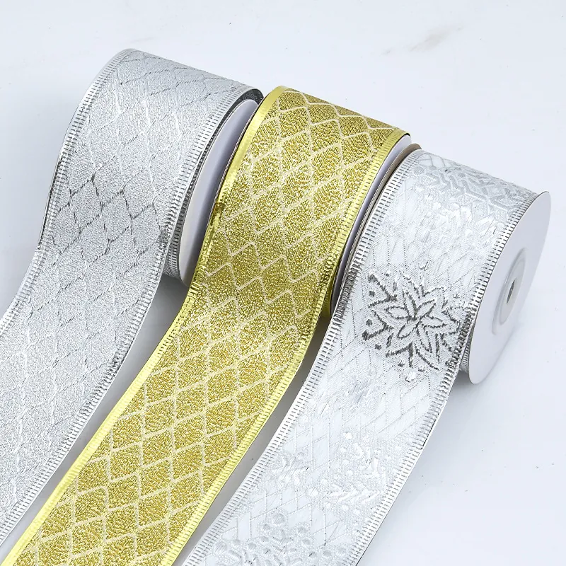 Metallic Glitter Christmas Ribbon Diamond Grid Snowflake Pattern Wired Edge For Holiday Gift Wrapping Decoration