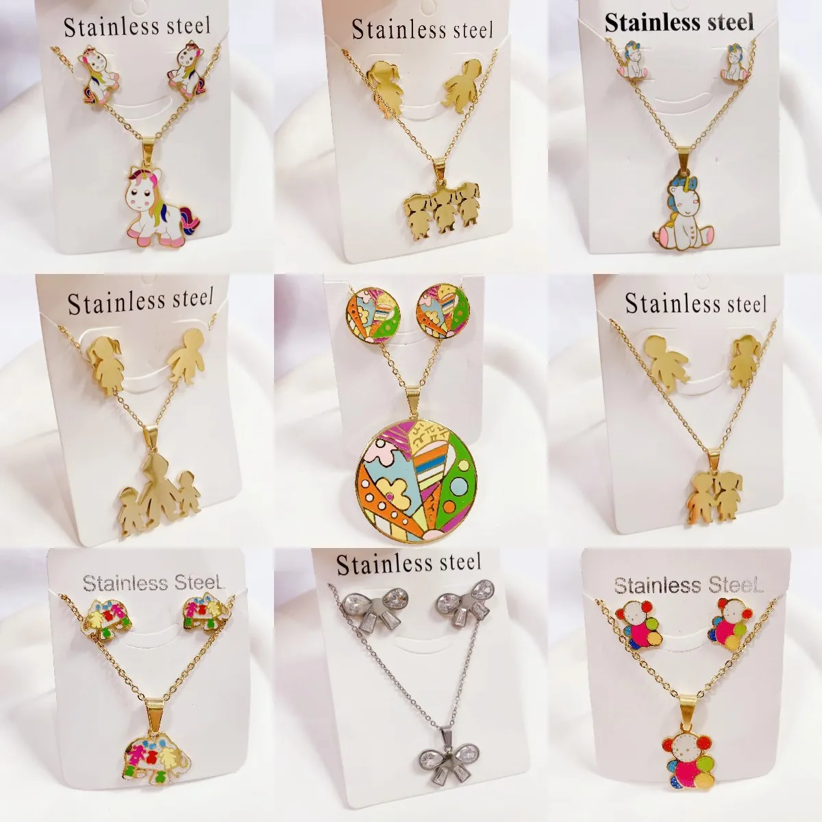 Stainless Steel Necklace Earring Post Jewelry Rhinestone Cartoon Unicorn Butterfly Enamel Cute For Women Girls