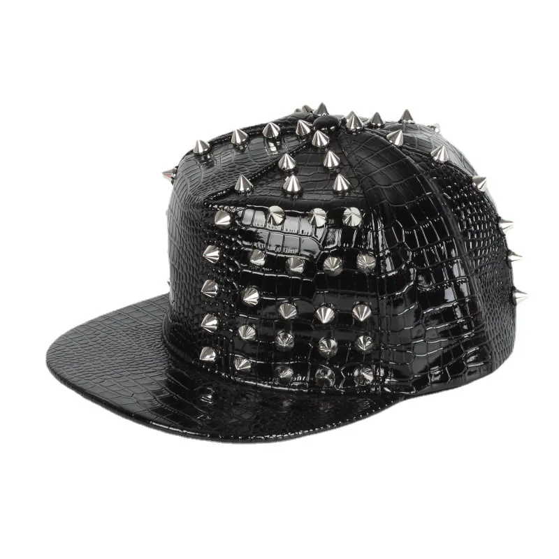 Punk Baseball Cap Crocodile Pattern PU Leather Metal Spikes Snapback Flat Brim Hip Hop Streetwear Unisex Adjustable