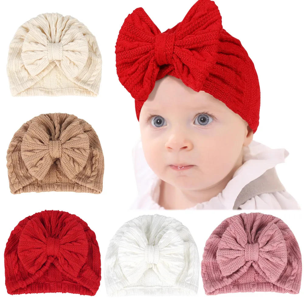 Bonnet Turban Bébé Grand Nœud Doux Tricot Polyester Coton Pour Nouveau-Nés Accessoire Photographie Style Décontracté