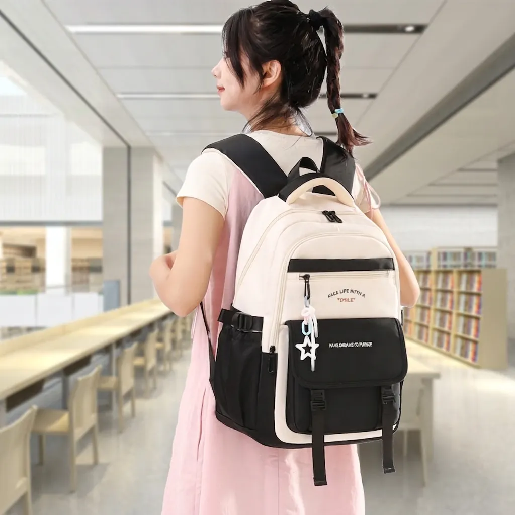 Sac À Dos Décontracté Grande Capacité Imperméable Cartable Pour Étudiants Avec Pendentif Étoile Bloc De Couleur Voyage