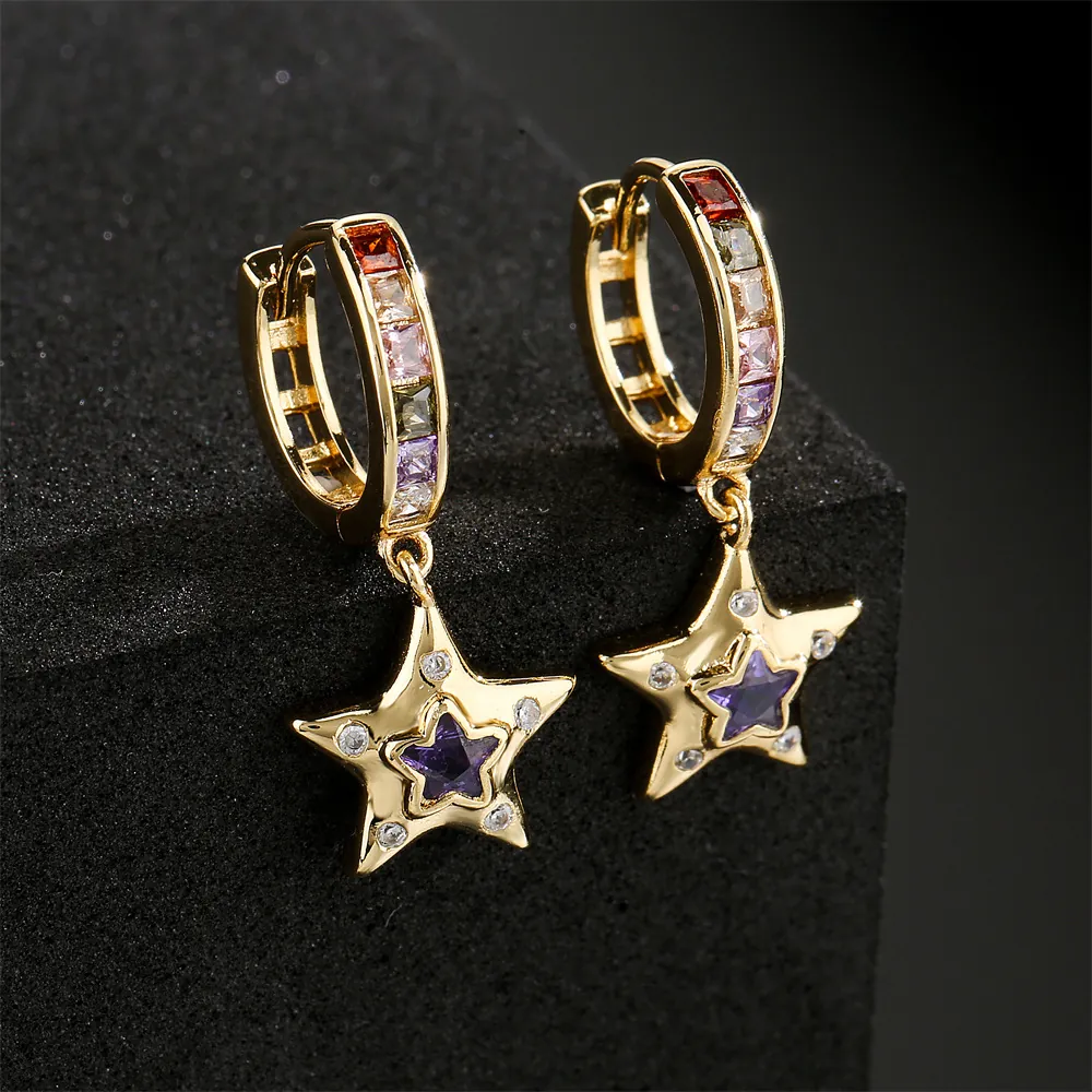 Orecchini A Pendente A Stella In Zircone Colorato Placcato Oro 18K Rame Huggie Hoop Gioielli Di Moda Per Donne