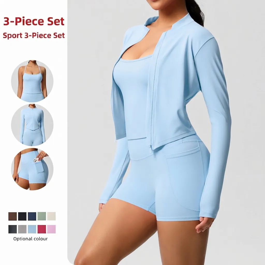 Ensemble de Yoga pour Femmes en Nylon Élasthanne Top And Bottom Moulant Col Montant Veste à Fermeture Éclair Gilet Short